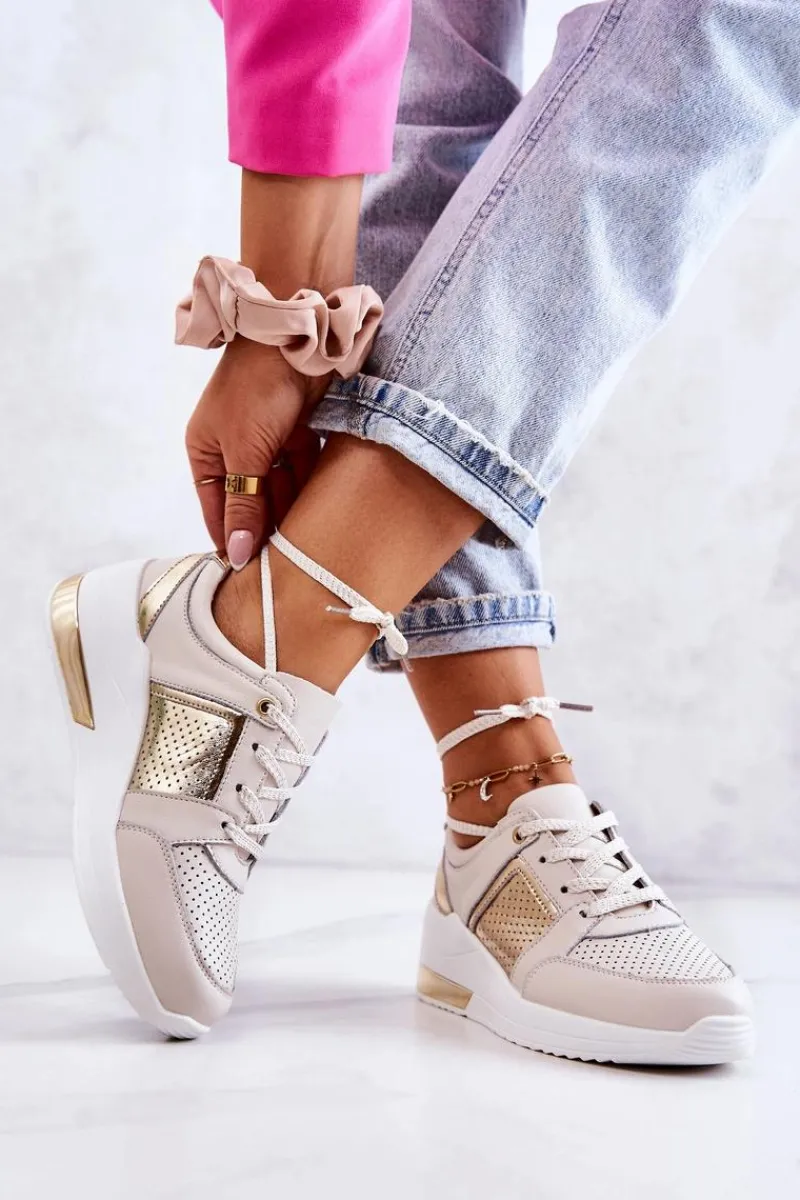 Sneakersy Damskie>Damskie buty S.Barski Damskie Skórzane Buty Sportowe Na Koturnie Beżowo-Białe Larson