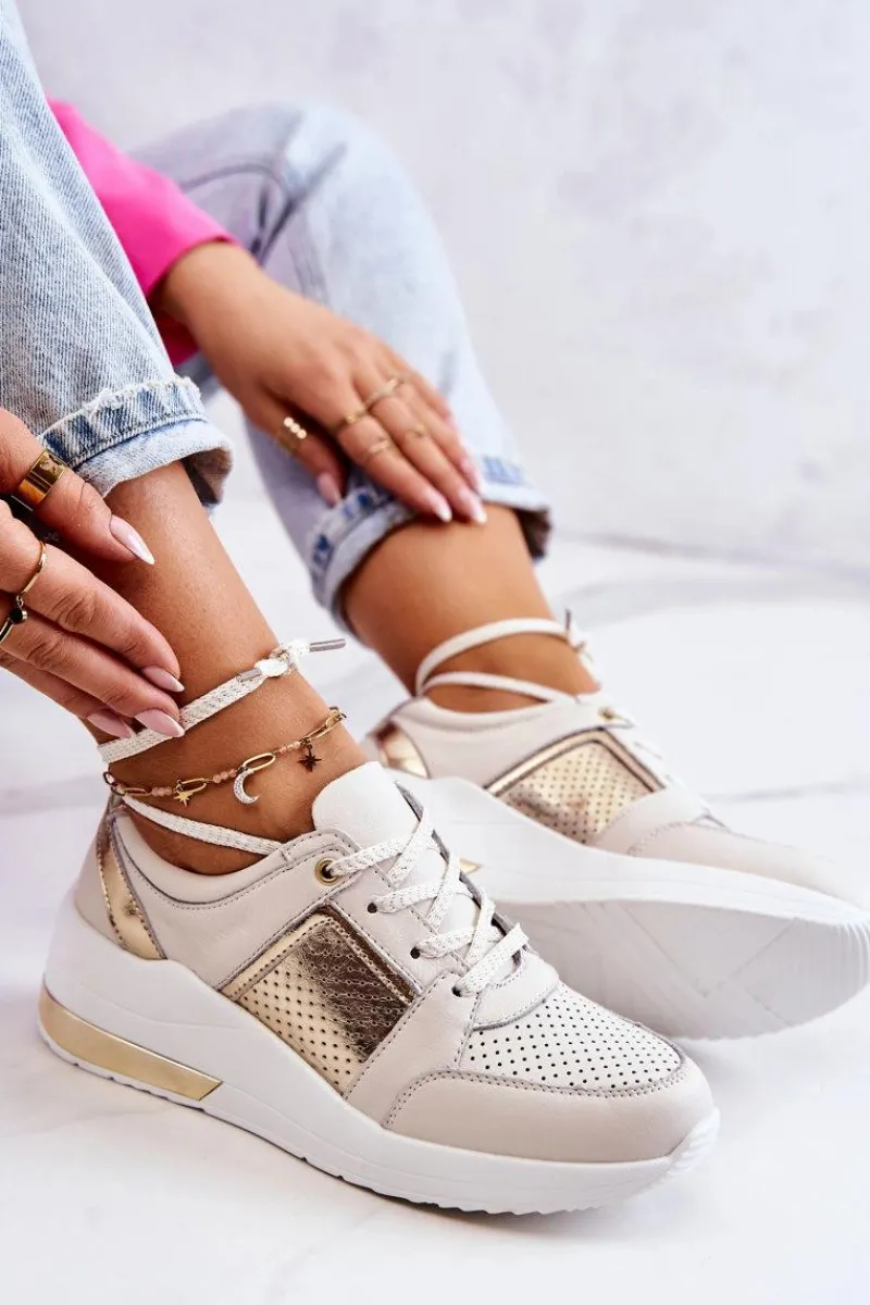 Sneakersy Damskie>Damskie buty S.Barski Damskie Skórzane Buty Sportowe Na Koturnie Beżowo-Białe Larson