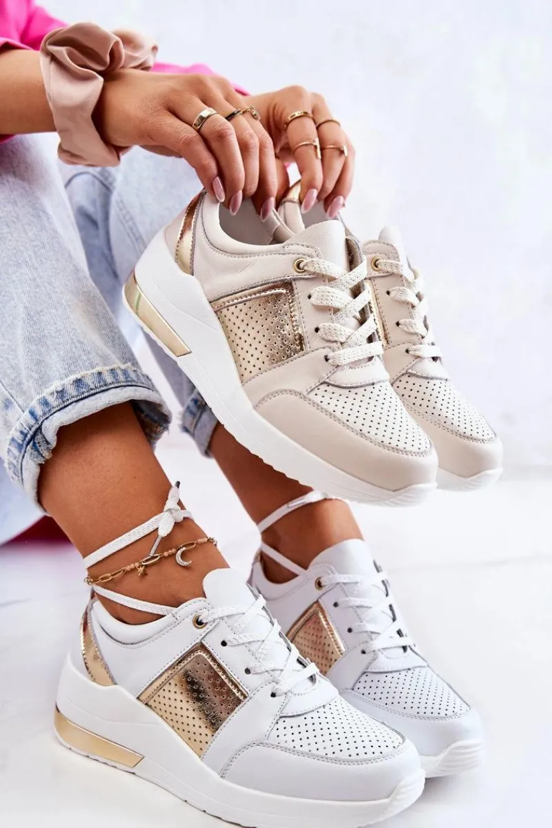 Sneakersy Damskie>Damskie buty S.Barski Damskie Skórzane Buty Sportowe Na Koturnie Beżowo-Białe Larson