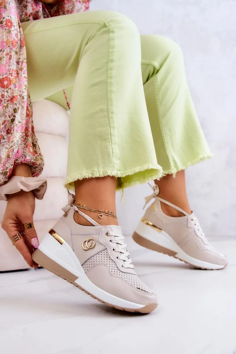 Sale Damskie buty S.Barski Damskie Skórzane Buty Sportowe Sneakersy Beżowe Loissa