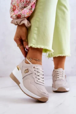 Sale Damskie buty S.Barski Damskie Skórzane Buty Sportowe Sneakersy Beżowe Loissa