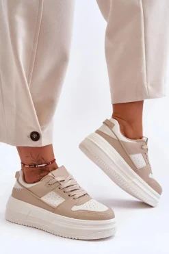 New Damskie Skórzane Buty Sportowe Na Masywnej Platformie Beżowe Belisso Damskie Sneakersy Damskie