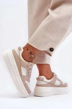 New Damskie Skórzane Buty Sportowe Na Masywnej Platformie Beżowe Belisso Damskie Sneakersy Damskie
