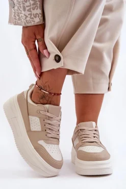 New Damskie Skórzane Buty Sportowe Na Masywnej Platformie Beżowe Belisso Damskie Sneakersy Damskie