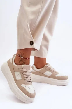 New Damskie Skórzane Buty Sportowe Na Masywnej Platformie Beżowe Belisso Damskie Sneakersy Damskie