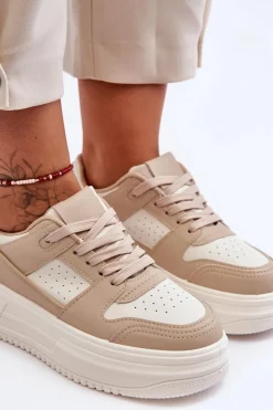 New Damskie Skórzane Buty Sportowe Na Masywnej Platformie Beżowe Belisso Damskie Sneakersy Damskie