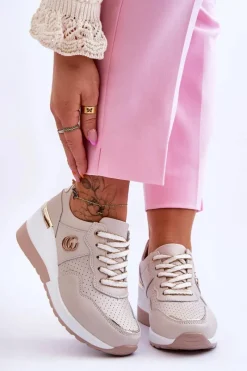 Discount Damskie Skórzane Buty Sportowe Na Koturnie Beżowe Rebeca Damskie Sneakersy Damskie