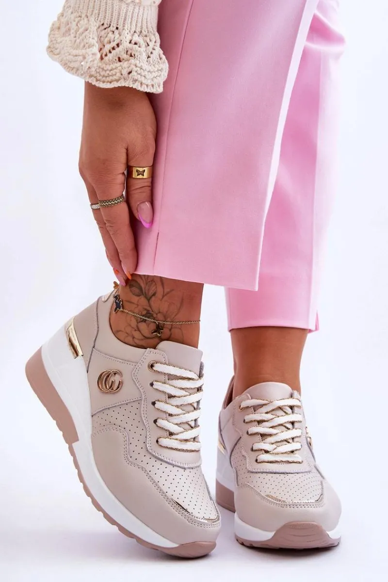 Discount Damskie Skórzane Buty Sportowe Na Koturnie Beżowe Rebeca Damskie Sneakersy Damskie