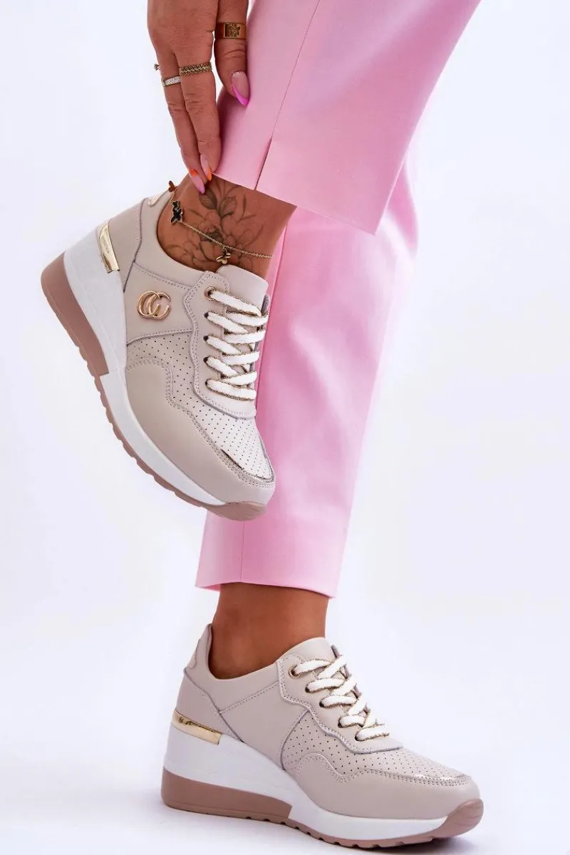 Discount Damskie Skórzane Buty Sportowe Na Koturnie Beżowe Rebeca Damskie Sneakersy Damskie