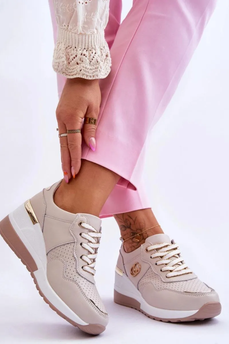 Discount Damskie Skórzane Buty Sportowe Na Koturnie Beżowe Rebeca Damskie Sneakersy Damskie