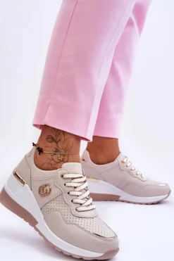 Discount Damskie Skórzane Buty Sportowe Na Koturnie Beżowe Rebeca Damskie Sneakersy Damskie