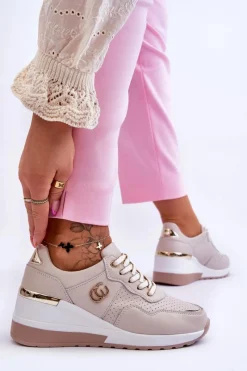 Discount Damskie Skórzane Buty Sportowe Na Koturnie Beżowe Rebeca Damskie Sneakersy Damskie