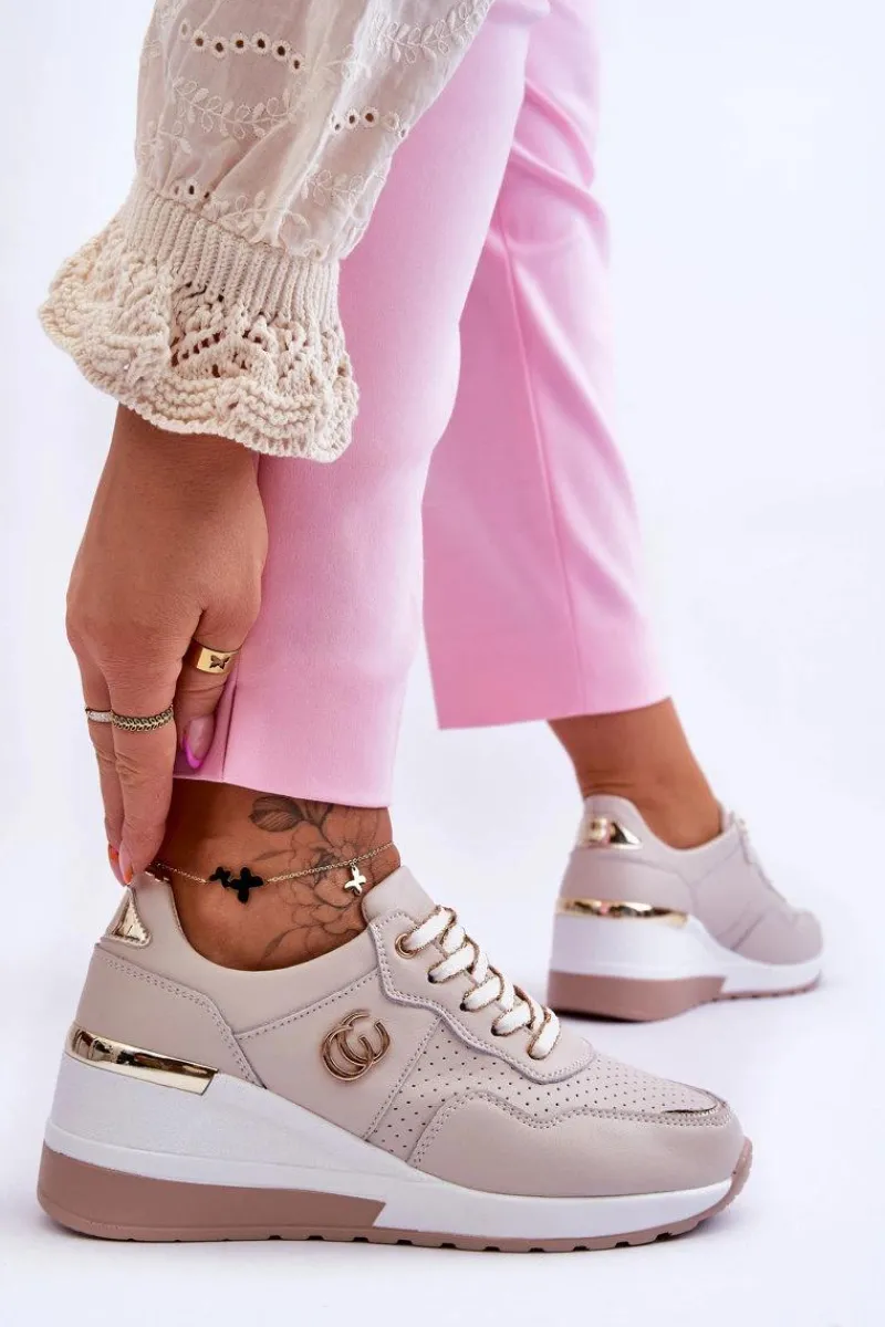 Discount Damskie Skórzane Buty Sportowe Na Koturnie Beżowe Rebeca Damskie Sneakersy Damskie