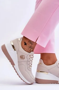 Discount Damskie Skórzane Buty Sportowe Na Koturnie Beżowe Rebeca Damskie Sneakersy Damskie