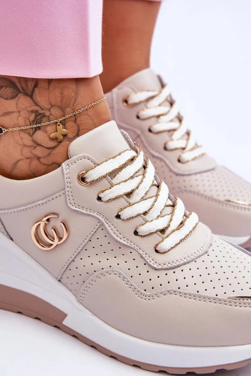 Discount Damskie Skórzane Buty Sportowe Na Koturnie Beżowe Rebeca Damskie Sneakersy Damskie