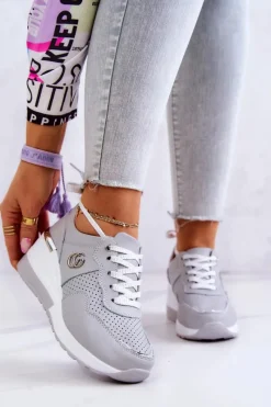 Sneakersy Damskie>Damskie buty S.Barski Damskie Skórzane Buty Sportowe Sneakersy Szare Loissa