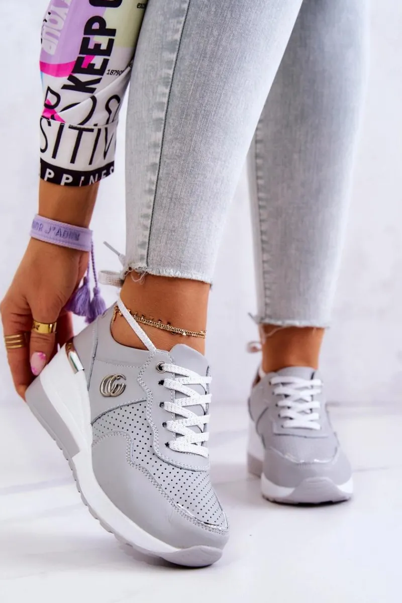 Sneakersy Damskie>Damskie buty S.Barski Damskie Skórzane Buty Sportowe Sneakersy Szare Loissa