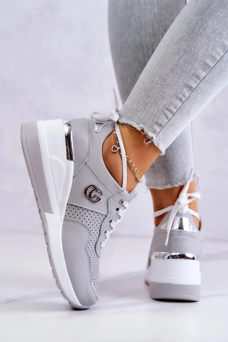 Sneakersy Damskie>Damskie buty S.Barski Damskie Skórzane Buty Sportowe Sneakersy Szare Loissa