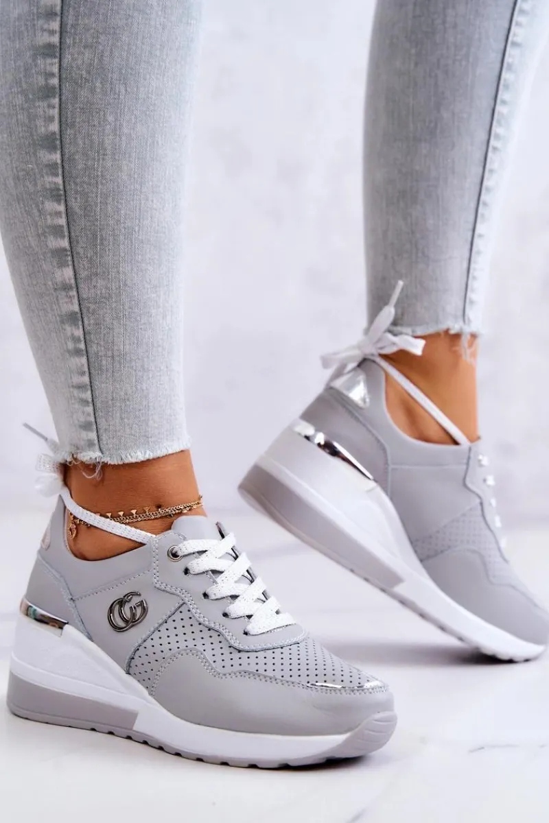 Sneakersy Damskie>Damskie buty S.Barski Damskie Skórzane Buty Sportowe Sneakersy Szare Loissa