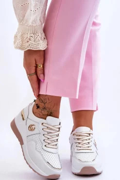 Sneakersy Damskie>Damskie buty S.Barski Damskie Skórzane Buty Sportowe Na Koturnie Biało-Złote Rebeca