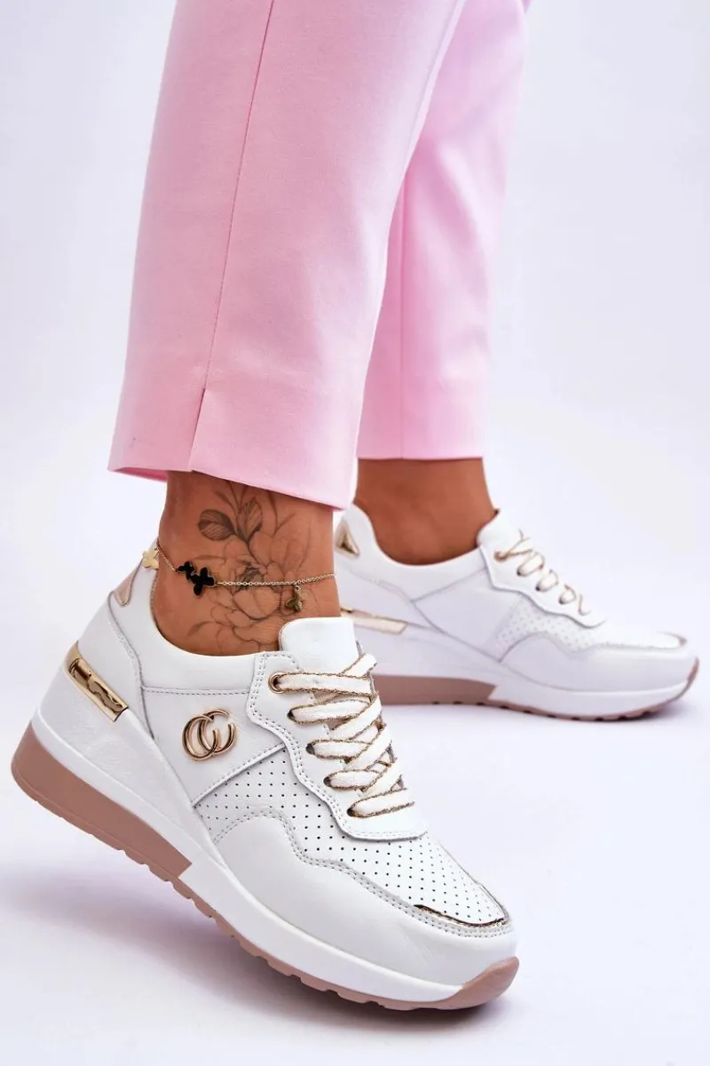 Sneakersy Damskie>Damskie buty S.Barski Damskie Skórzane Buty Sportowe Na Koturnie Biało-Złote Rebeca