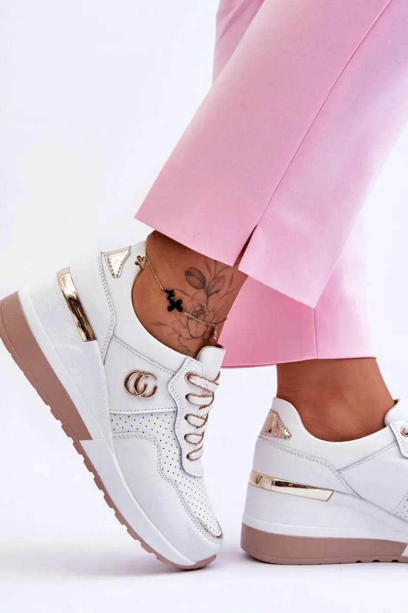 Sneakersy Damskie>Damskie buty S.Barski Damskie Skórzane Buty Sportowe Na Koturnie Biało-Złote Rebeca