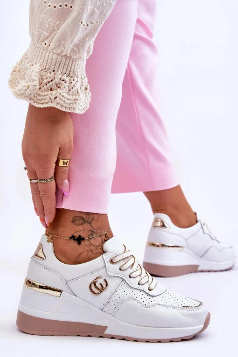 Sneakersy Damskie>Damskie buty S.Barski Damskie Skórzane Buty Sportowe Na Koturnie Biało-Złote Rebeca