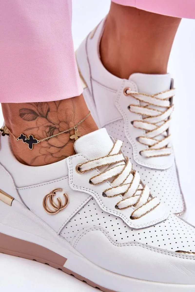 Sneakersy Damskie>Damskie buty S.Barski Damskie Skórzane Buty Sportowe Na Koturnie Biało-Złote Rebeca