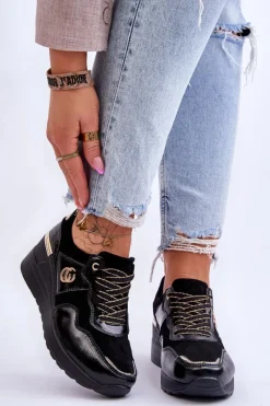 Best Damskie buty S.Barski Damskie Skórzane Buty Sportowe Na Koturnie Czarne Rebeca