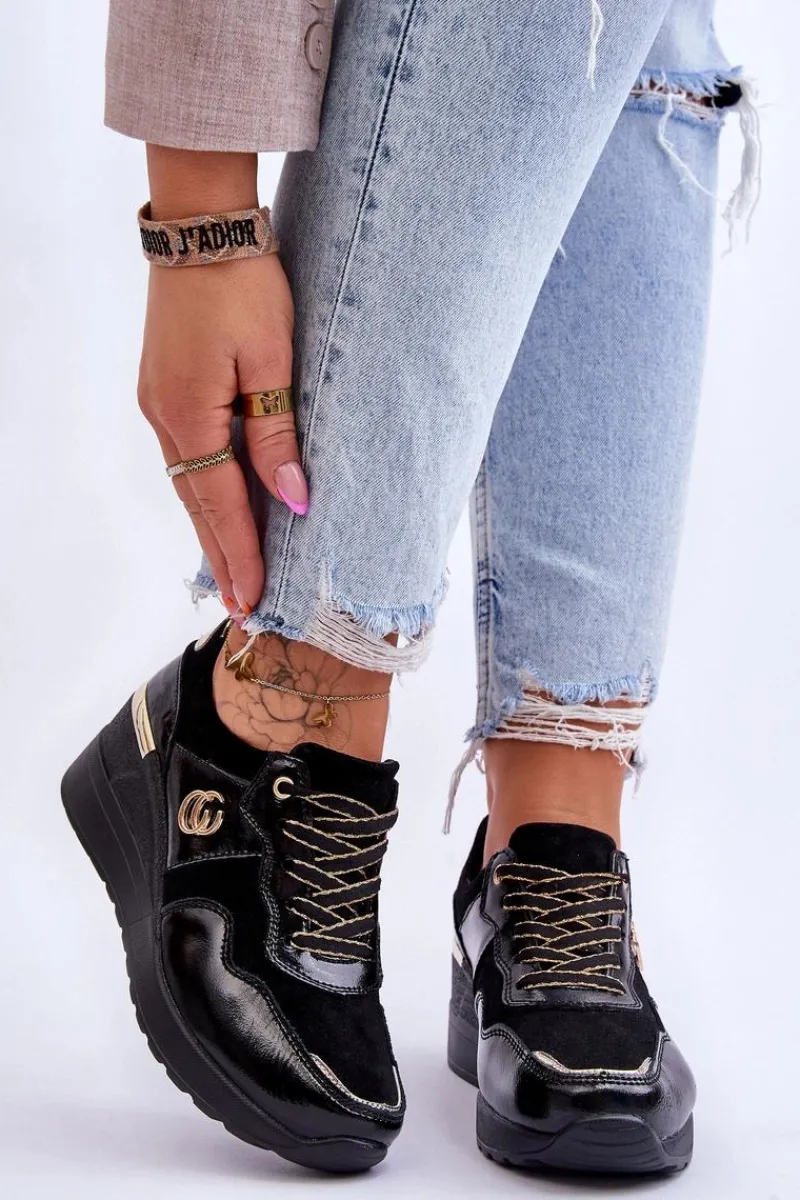 Best Damskie buty S.Barski Damskie Skórzane Buty Sportowe Na Koturnie Czarne Rebeca