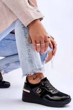 Best Damskie buty S.Barski Damskie Skórzane Buty Sportowe Na Koturnie Czarne Rebeca