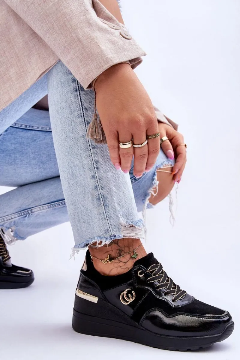 Best Damskie buty S.Barski Damskie Skórzane Buty Sportowe Na Koturnie Czarne Rebeca