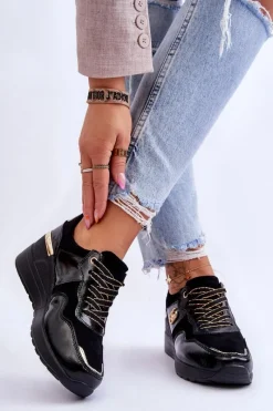 Best Damskie buty S.Barski Damskie Skórzane Buty Sportowe Na Koturnie Czarne Rebeca