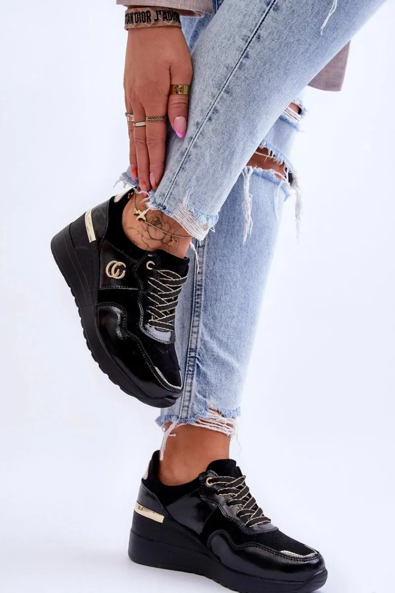 Best Damskie buty S.Barski Damskie Skórzane Buty Sportowe Na Koturnie Czarne Rebeca