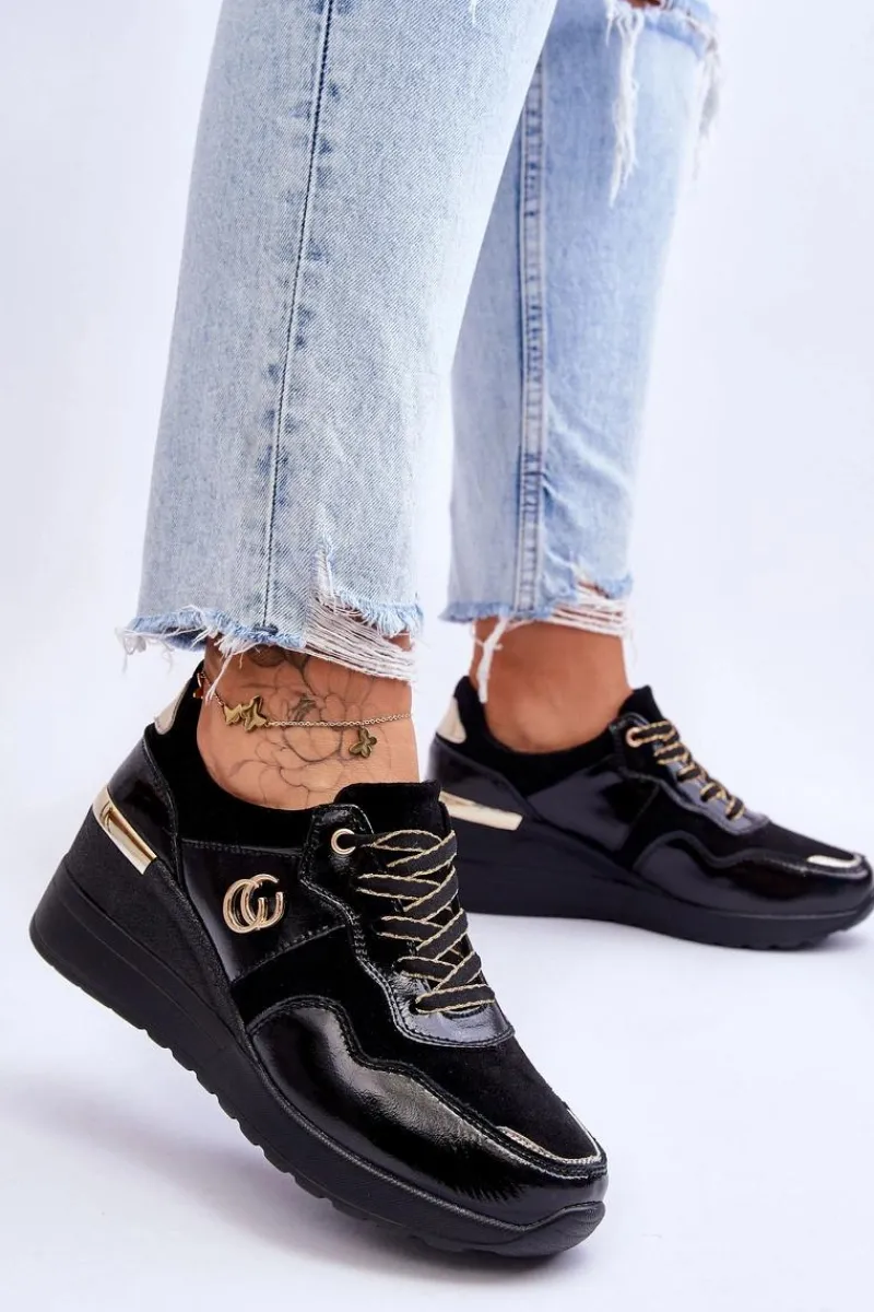 Best Damskie buty S.Barski Damskie Skórzane Buty Sportowe Na Koturnie Czarne Rebeca