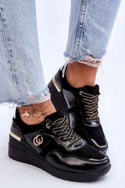 Best Damskie buty S.Barski Damskie Skórzane Buty Sportowe Na Koturnie Czarne Rebeca