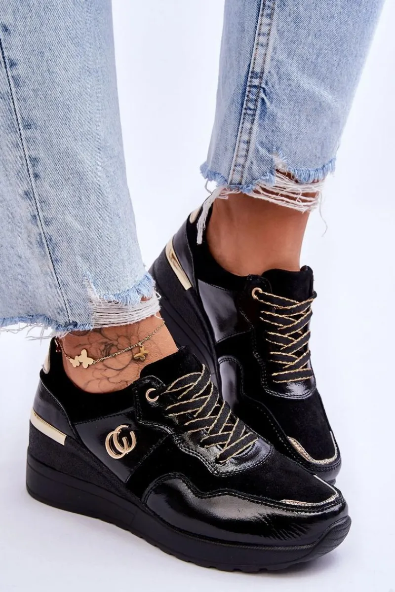 Best Damskie buty S.Barski Damskie Skórzane Buty Sportowe Na Koturnie Czarne Rebeca