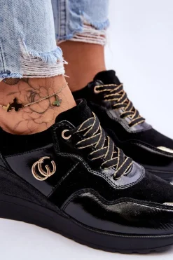 Best Damskie buty S.Barski Damskie Skórzane Buty Sportowe Na Koturnie Czarne Rebeca