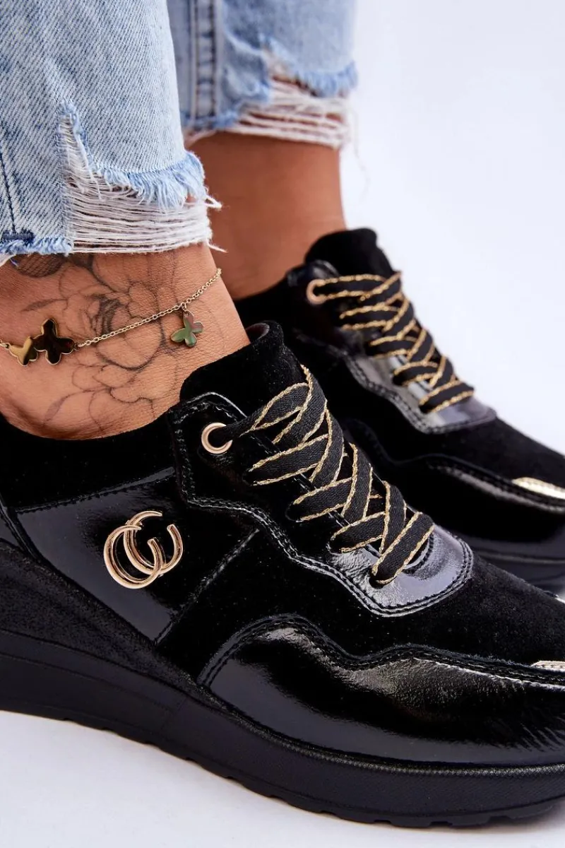 Best Damskie buty S.Barski Damskie Skórzane Buty Sportowe Na Koturnie Czarne Rebeca