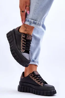 Sneakersy Damskie>Boto Damskie Skórzane Buty Sportowe Na Platformie Czarne Alison