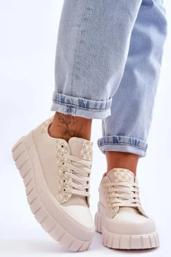 Sale Boto Damskie Skórzane Buty Sportowe Na Platformie Beżowe Alison