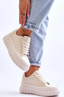 Sale Boto Damskie Skórzane Buty Sportowe Na Platformie Beżowe Alison