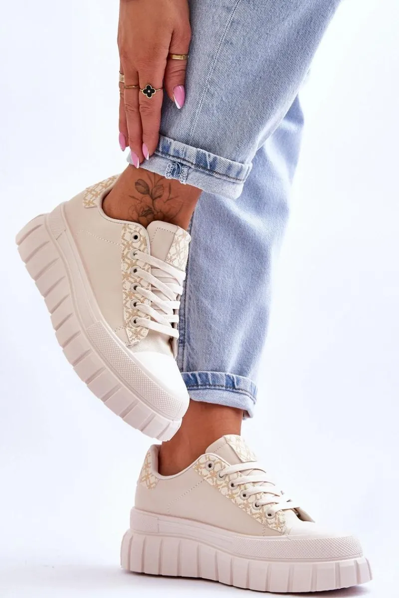 Sale Boto Damskie Skórzane Buty Sportowe Na Platformie Beżowe Alison