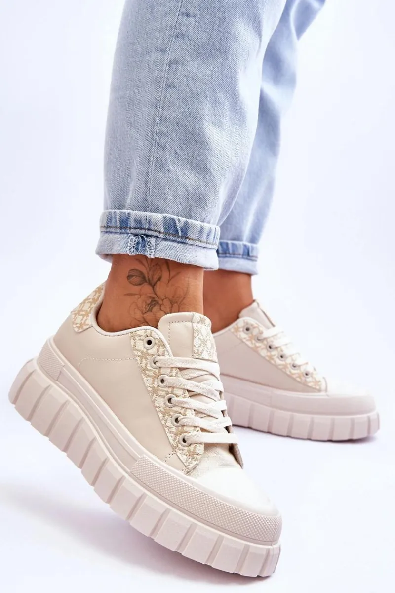 Sale Boto Damskie Skórzane Buty Sportowe Na Platformie Beżowe Alison