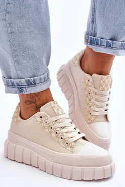Sale Boto Damskie Skórzane Buty Sportowe Na Platformie Beżowe Alison