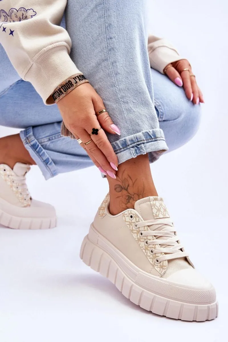 Sale Boto Damskie Skórzane Buty Sportowe Na Platformie Beżowe Alison