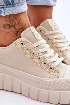 Sale Boto Damskie Skórzane Buty Sportowe Na Platformie Beżowe Alison