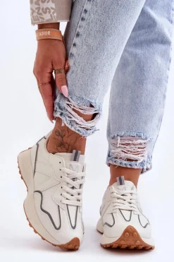 Boto Damskie Skórzane Buty Sportowe Beżowe Faro