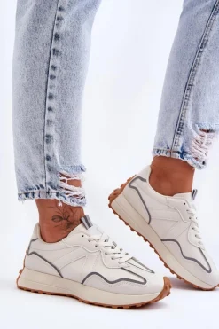 Boto Damskie Skórzane Buty Sportowe Beżowe Faro