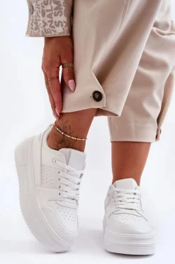 Sale Boto Damskie Skórzane Buty Sportowe Na Masywnej Platformie Białe Belisso